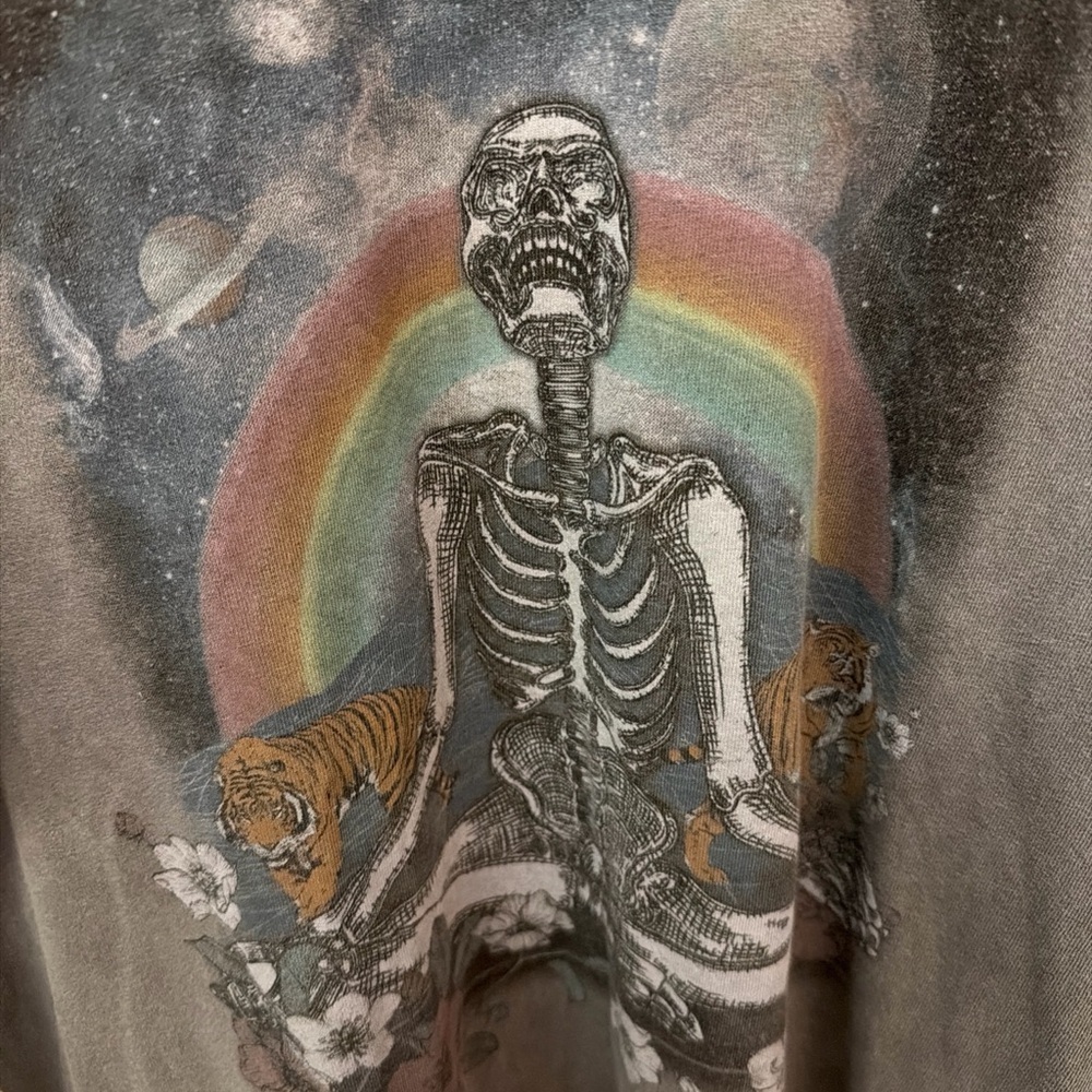 RSQ M  Skeleton Graphic Tee Yoga Meditation Rainbow Cosmic Long Sleeve Gray - Picture 3 of 15